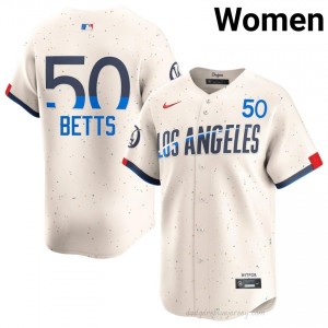 #50 Mookie Betts Cream On-Field Style Baseball Jersey | Women Authentic Dodgers MLB Apparel Sr155f91