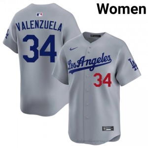 #34 Fernando Valenzuela Grey On-Field Style Baseball Jersey | Women Authentic L.A. Dodgers MLB Apparel 23861540