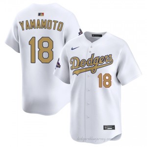 #18 Yoshinobu Yamamoto 2026 Gold Collection White On-Field Style Baseball Jersey | Men Authentic LAD MLB Apparel kHm4AO77