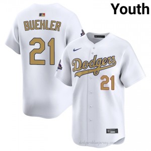 Youth Walker Buehler #21 2026 Gold Collection White Alternate Limited Baseball Jersey | LAD Official MLB Design 8P73eM35